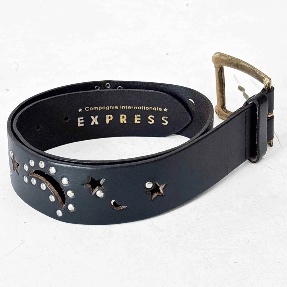 Express Vintage Black Leather‎ Celestial Moon Star Studded Belt Made in Italy S